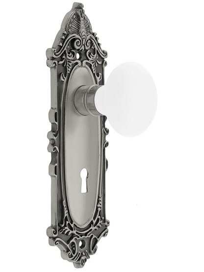 Largo Design Mortise Lock Set With White Porcelain Door Knobs in Antique Pewter